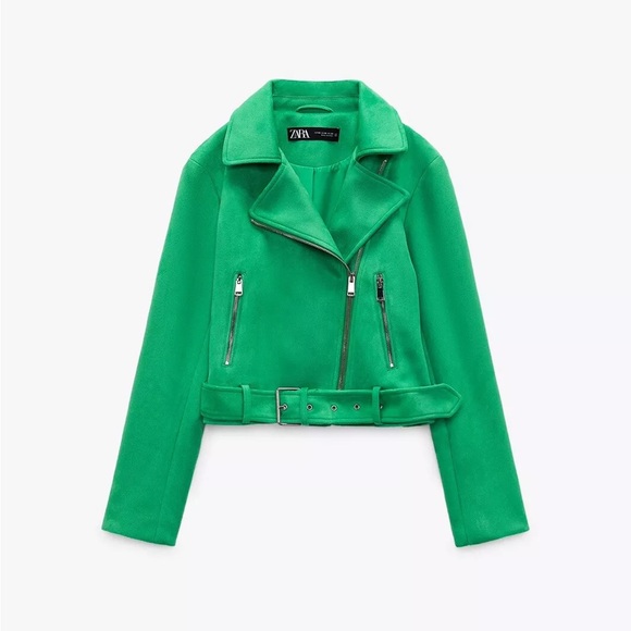 ZARA ~ ZARA GREEN FAUX SUEDE BIKE JACKET WITH Zippers And Belt - Picture 7 of 14
